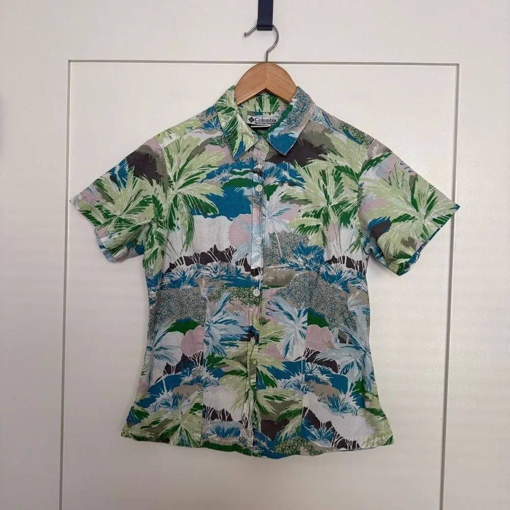 Columbia Shirt Womens Sz S Green Blue Short Sleeve Button Up Beach Tropical Camp